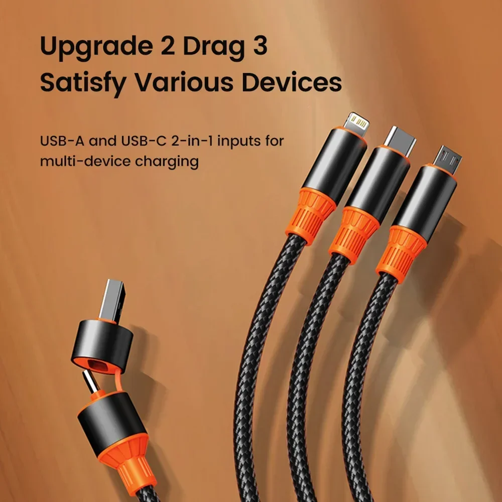 Universal 100W 2 In 3 Out Nylon Braided Fast Charging Cable 6A Multi Connector for IOS Android Type C Devices Office Travel Use
