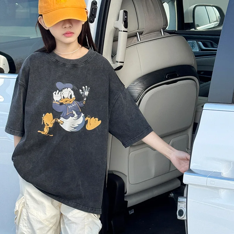 

Новинка: Футболка для девочек 2026, винтажная, с эффектом потертости, с коротким рукавом, летняя, повседневная, базовая модель