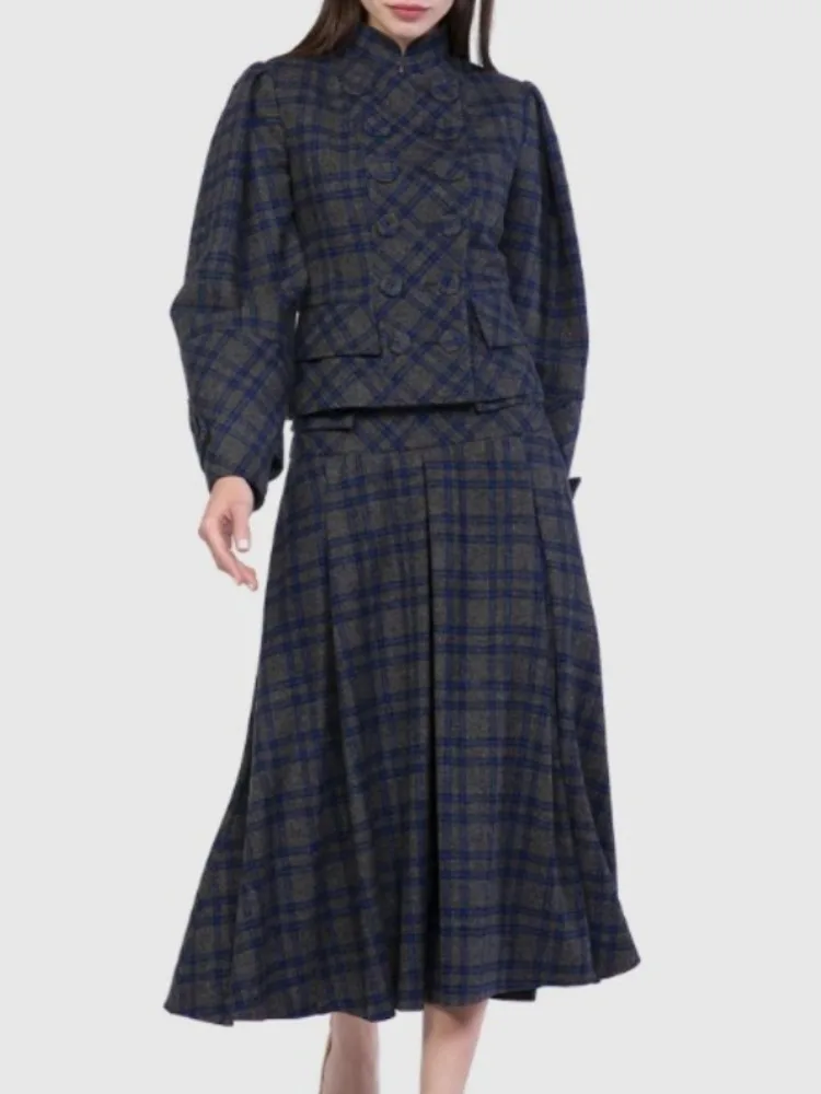 

Beautyblue Plaid Skirt Suit for Women British Style Elegant Stand Collar Women's Jacket Fashion Pleated Long Skirt Two-piece Set