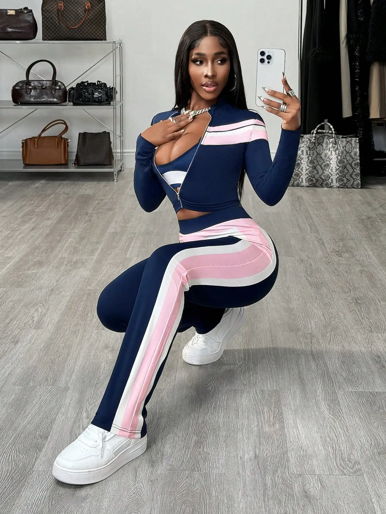 여성용 네이비 핑크 스트라이프 3피스 세트: 지퍼 재킷, 크롭탑 & 레깅스 (캐주얼 스트리트웨어)
