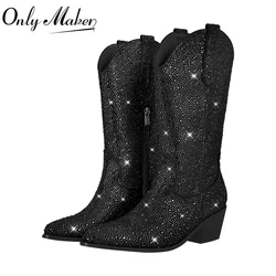 Onlymaker damskie buty do kolan botki z kryształkami brokat Bling zachodnie szpiczaste Toe blokowy obcas wyciągnij botki Cowgirl