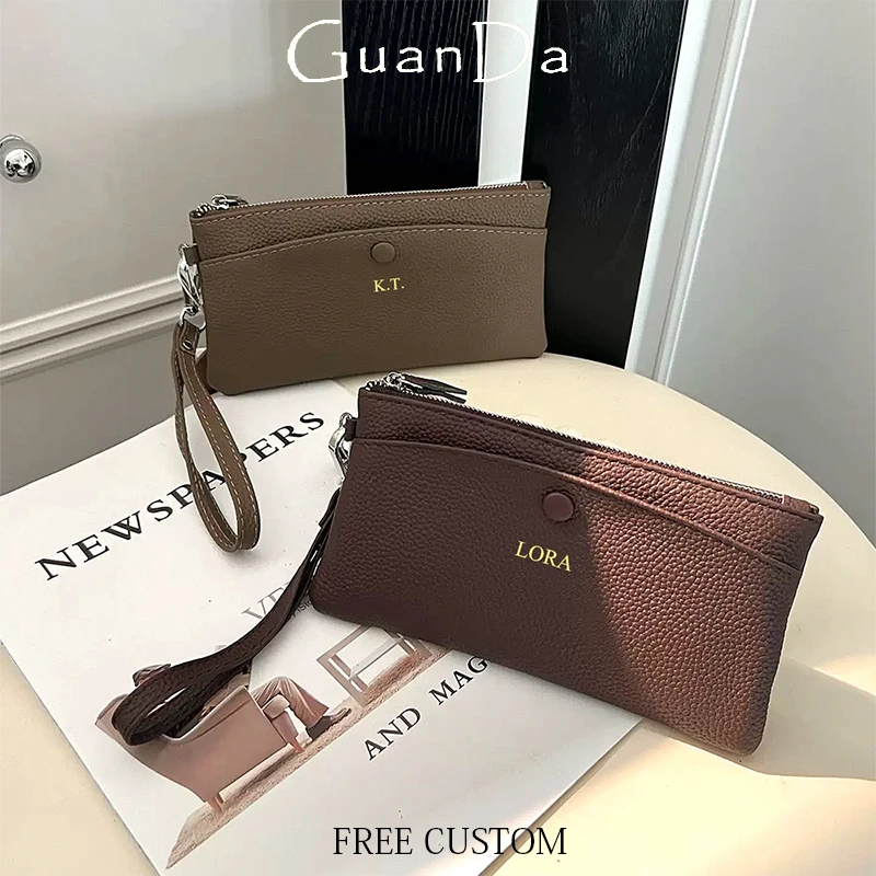 Luxury Woman Engraving Long Wallet Cowhide Fashion Casual Zipper Coin Purse With Wrist Strap Custom Name Phone Purse Card Holder