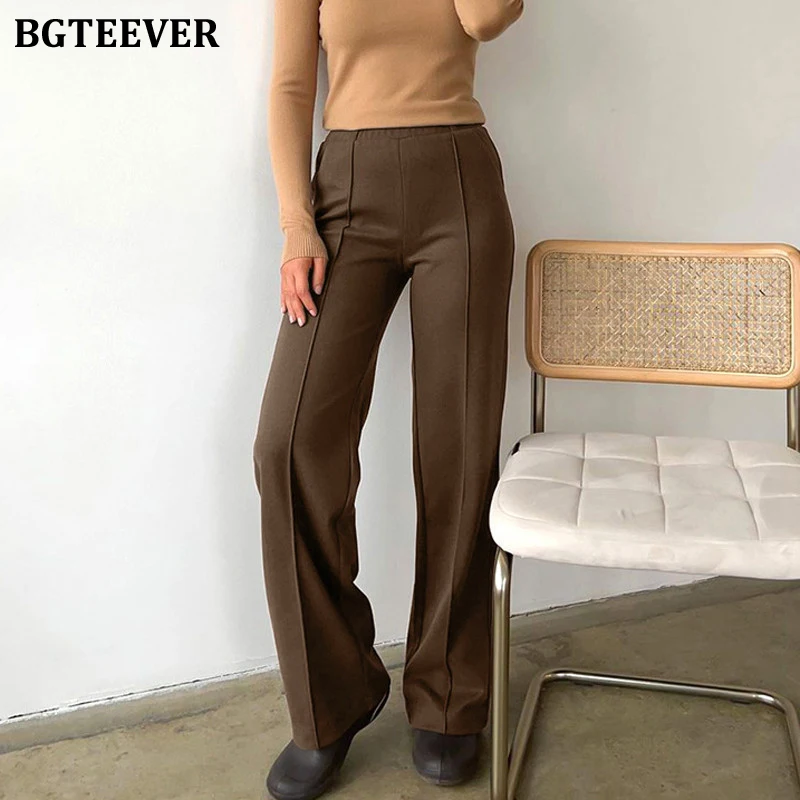 BGTEEVER Autumn Winter Elastic Waist Ladies Woolen Pants Stylish Loose Pockets Woolen Long Trousers for Women