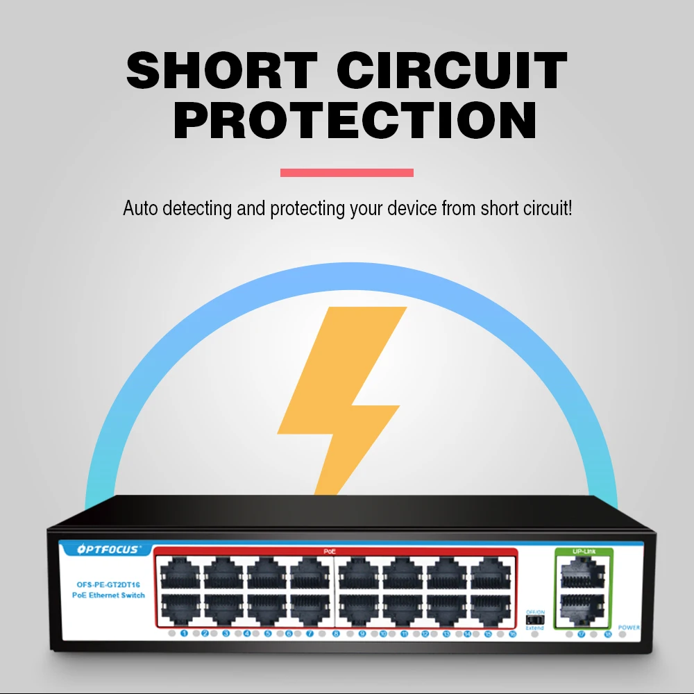 OPTFOCUS 1000M GIGABIT POE Switch 16 Ports PoE 48V 15W 30W 802.3af 802.3at Ethernet hub splitter Active Ethernet for CCTV camera