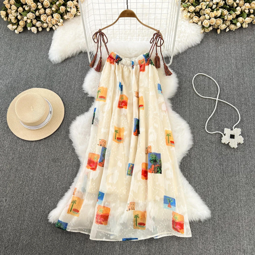 

Retro Printed Spaghetti Strap Dress New Ladies Lace Up Tassel Slash Neck Sleeveless Beach Dress Casual Seaside Vacation Dresses