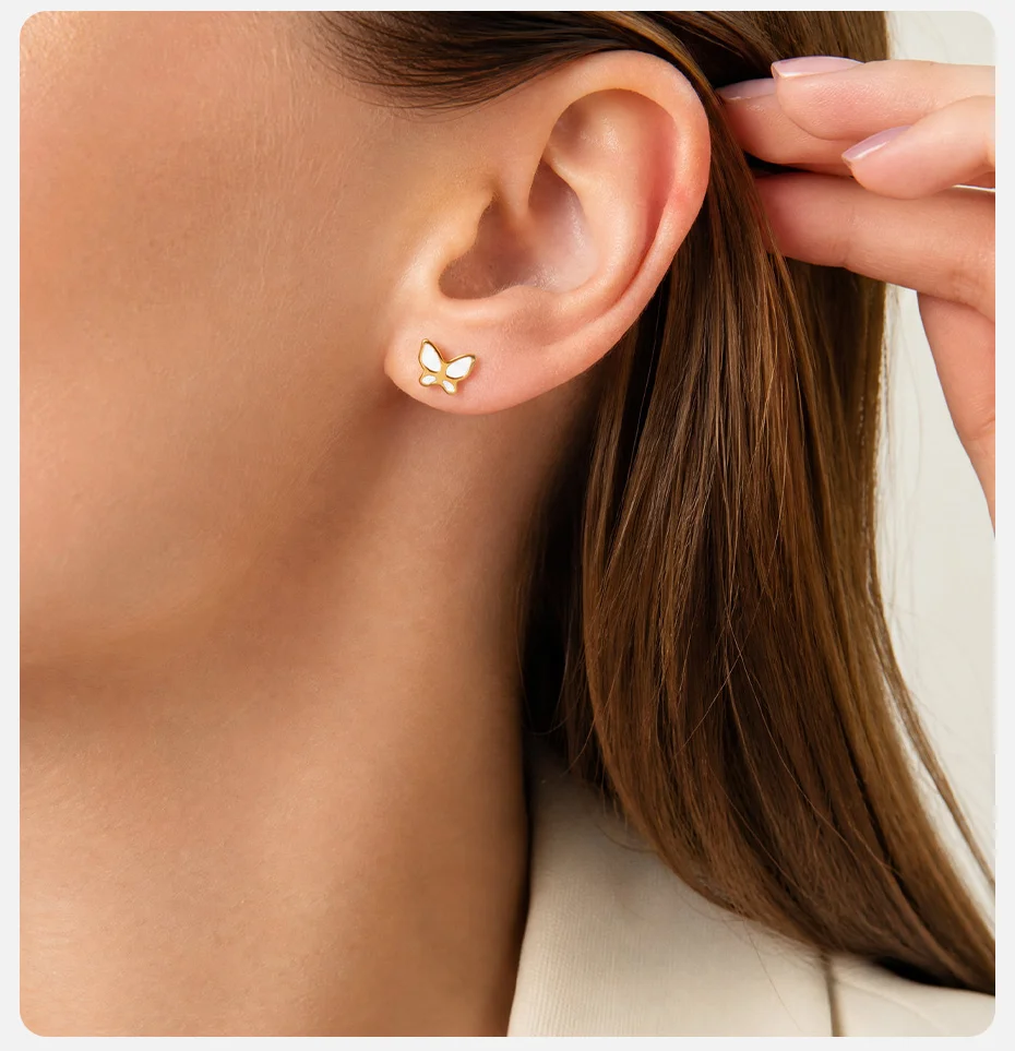 Vnox Süße Rosa Emaille-Schmetterling Ohrstecker mit Schraubverschluss für Frauen, Goldfarben, Edelstahl, Niedliche Tier-Ohrringe, Antiallergisch – Detail 3