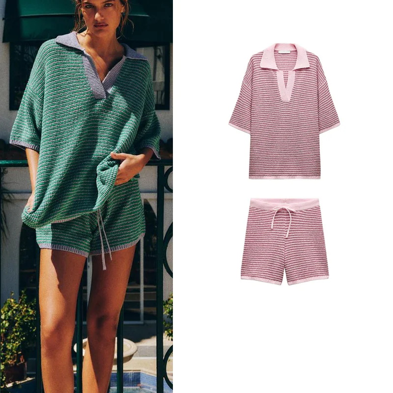 Spring New Arrival High Waist Knitted orts And Loose Knitted  irt Women's Faion Set Polyester Fabric ort Sve