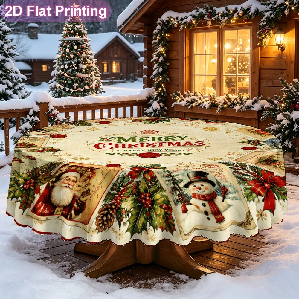 2D flat single piece round tablecloth, Merry Christmas retro postcard carpet print