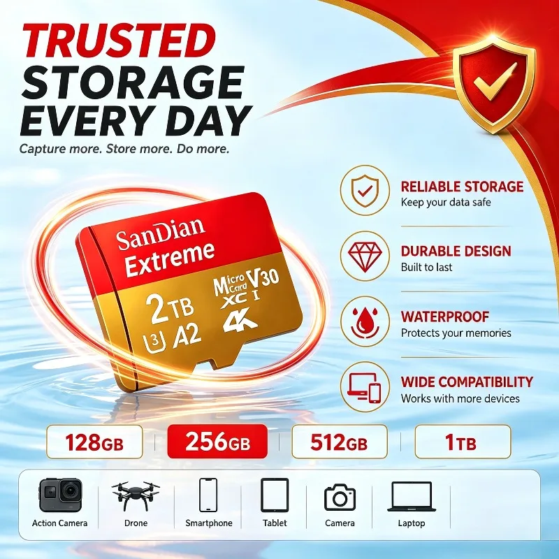 2026 Micro TF/SD Memory Card with 128GB and 1TB Class10, Mini Card for Phone, Camera and Tablet Devices.