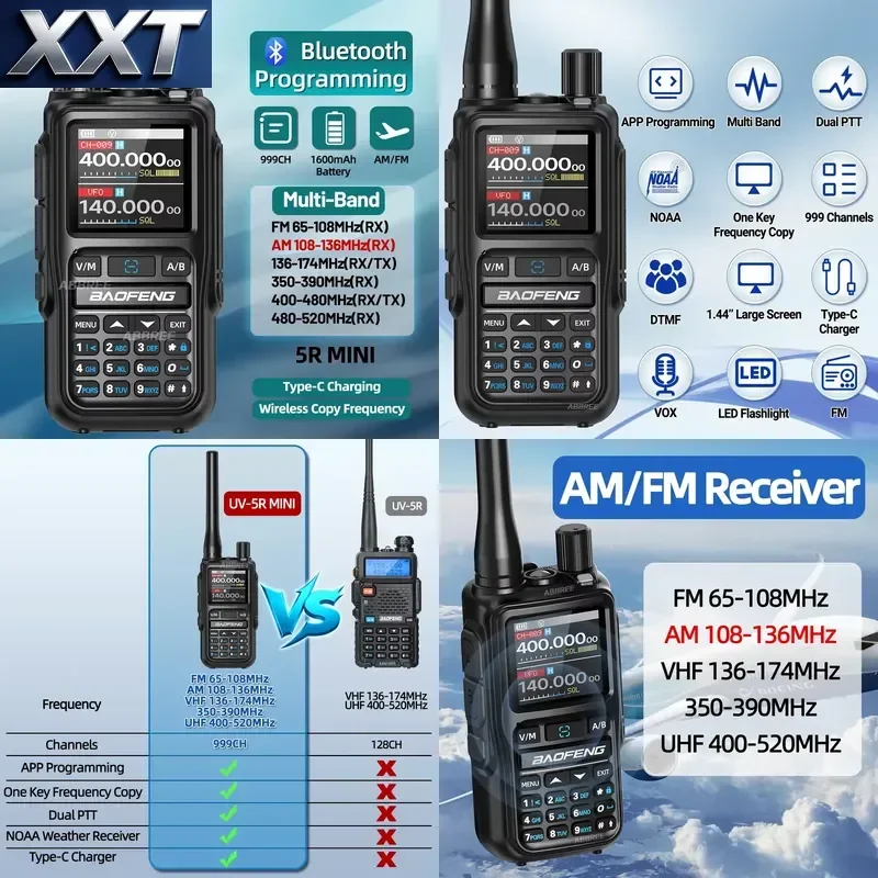 XXT Baofeng UV-5R Mini Walkie Talkie Dual PTT Wireless Bluetooth Programming NOAA Portable Long Range Ham Radio for Camping