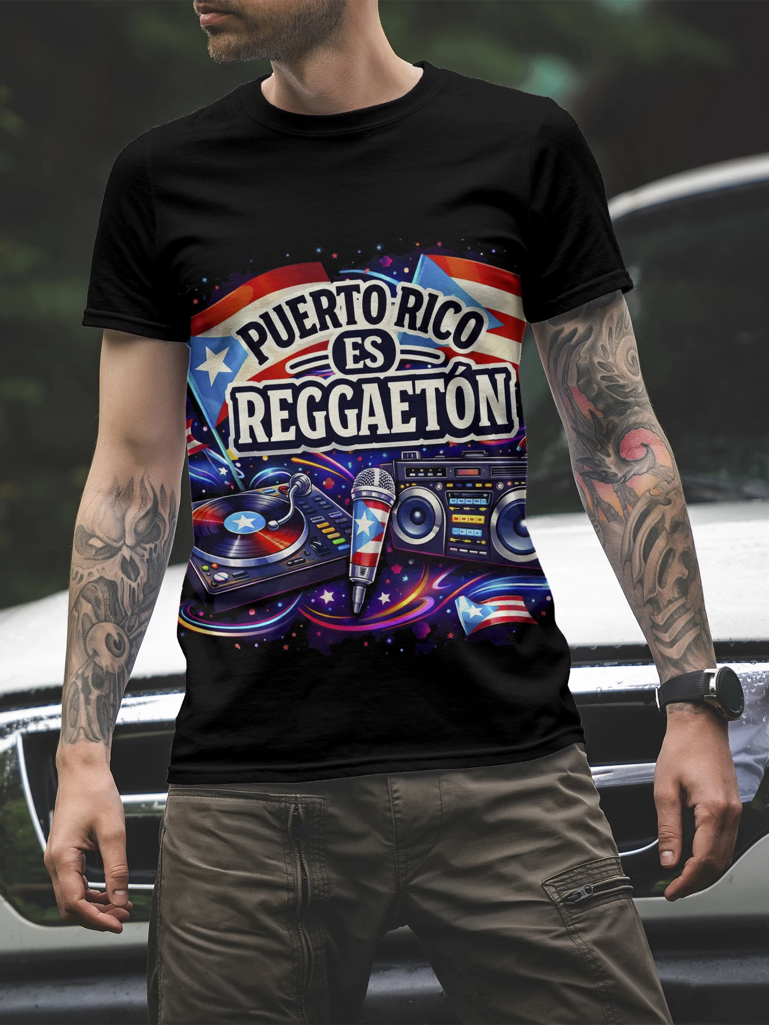 Men's Short-Sleeve Tee – Puerto Rico Reggaeton Graphic, Black with Neon Accents, Perfect for Dance Nights & Cultural Enthusiasts