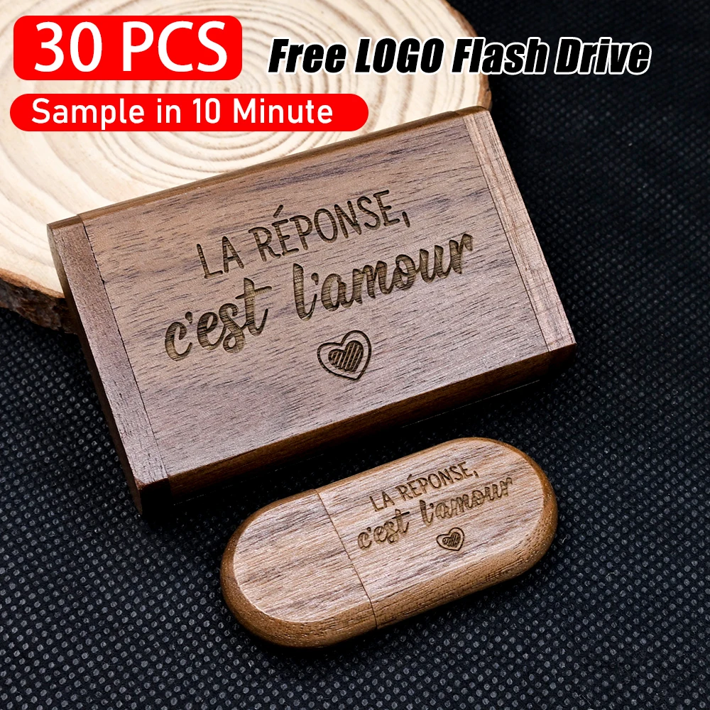 30pcs/lot (Free Custom Logo) Wooden Box Pen Drive 128GB 2.0 Memory Stick 64GB Fashion USB Flash Drives 32GB 16GB Creative Gift