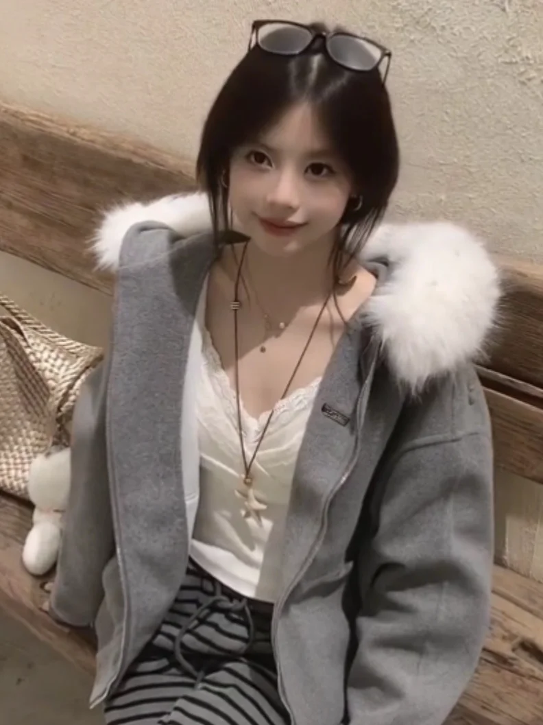 Gray Hooded Faux Fur Collar Sweatshirt Jacket Women's Autumn Winter Small Size College Style Loose Warm Casual Open Cardigan Top