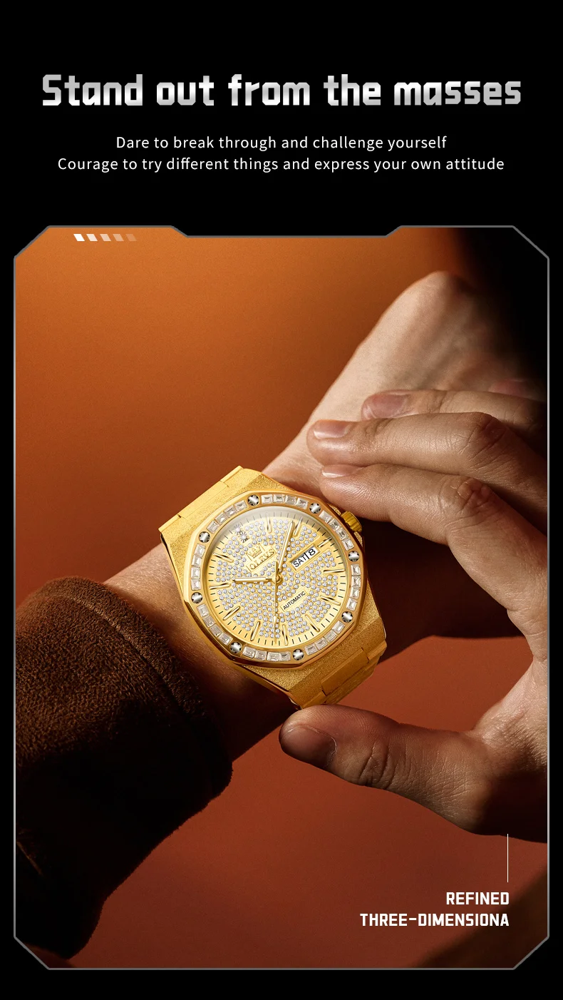 OLEVS 9803 Voll Diamantbesetzte Automatische Mechanische Uhren für Herren Luxus Edelstahl Wasserdicht Doppelkalender Business Herrenuhr – Detail 8