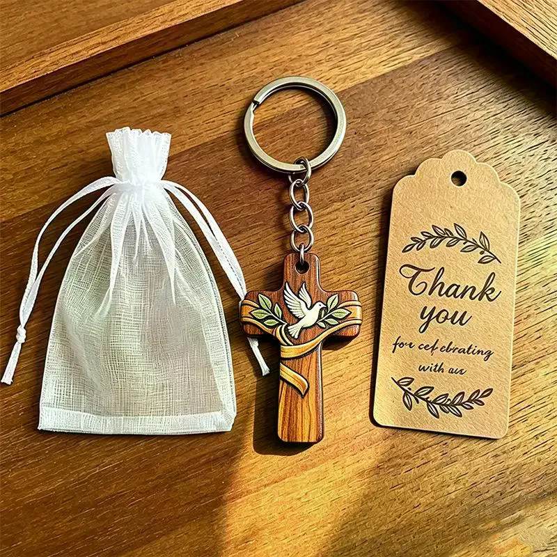 1/3pcs/1set Religious Wood Cross Keychain Favor Bulk Dove Print Organza Bags Tags Baptism Church Wedding Mini Guest Gift Suppli