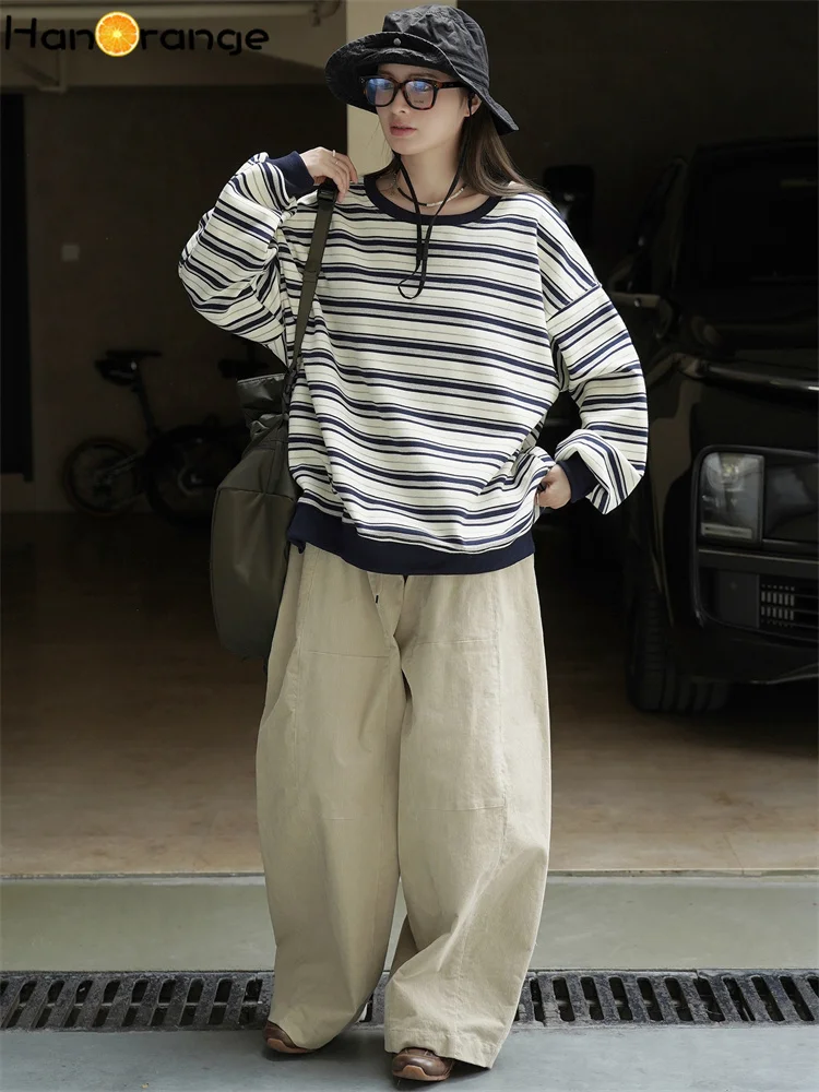 HanOrange 2025 Autumn Fashion Contrasting Bold Stripes Sweatshirt Women Loose Silhouette Top