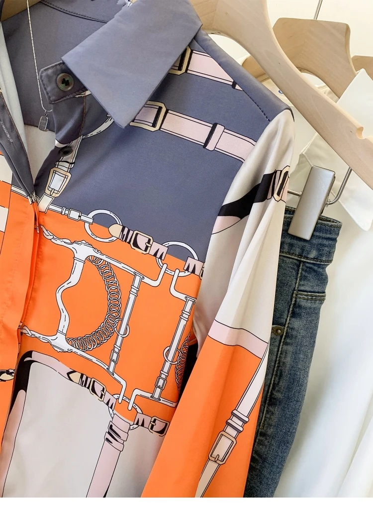 Luxury Brand Design Imitation Silk Orange Grey 2025 Spring Summer Long Sleeves Shirt For Women Elegant Fashion Lady Top Clothes image 4