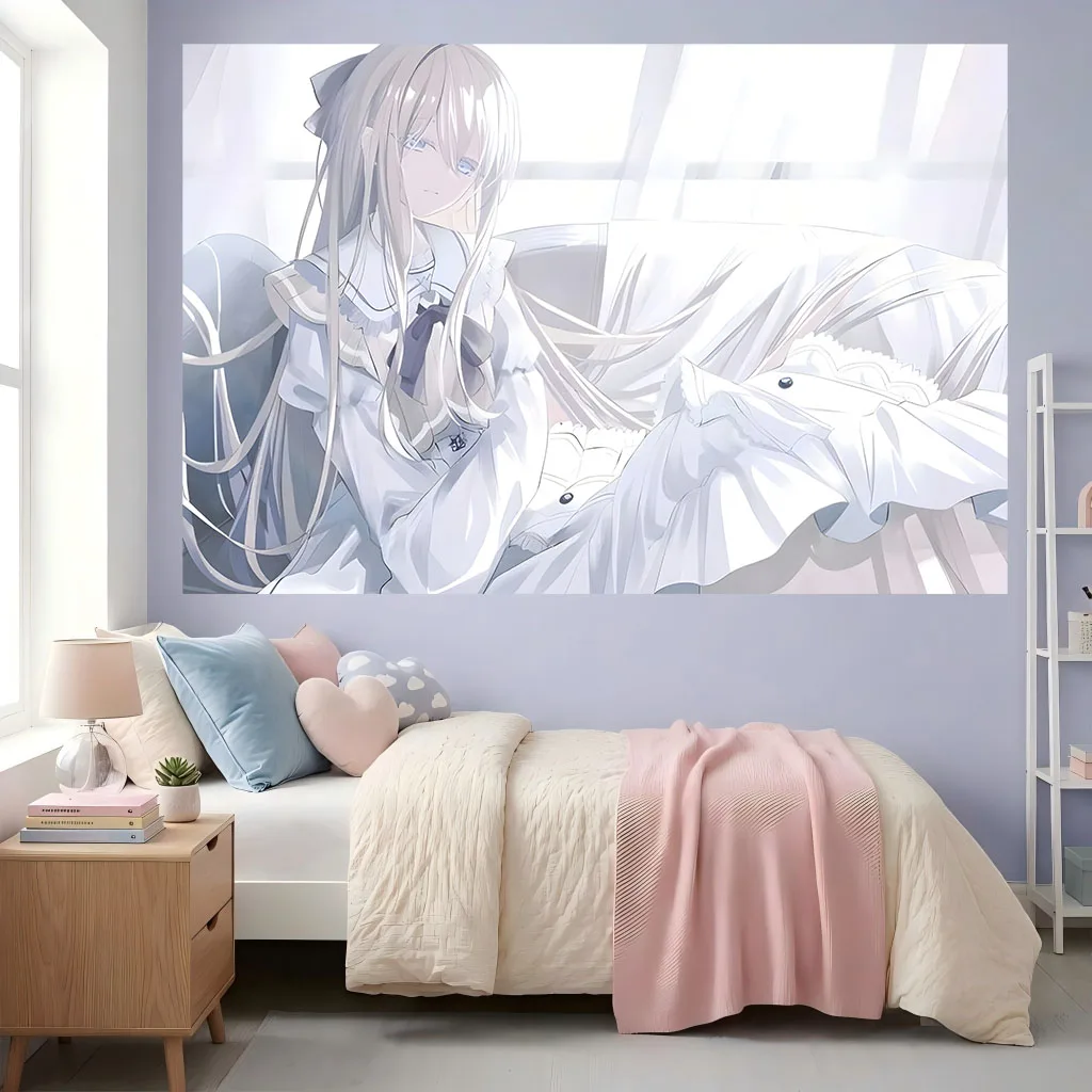 Silver Long Hair Lolita Maid Girl Window Sofa Scene Manga Print Wall Hanging Dorm Bedroom Home Background Decoration Cloth