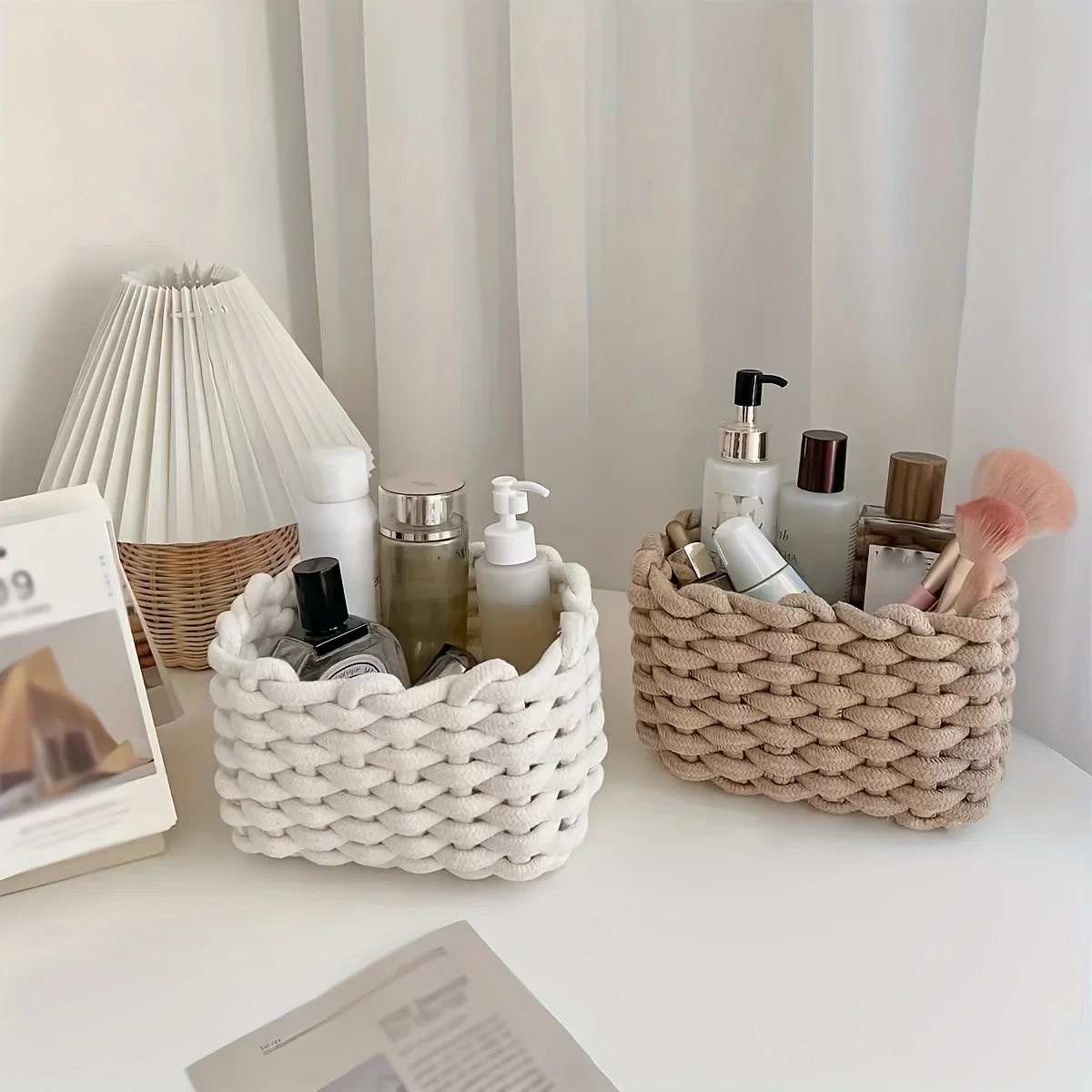 Cestas de almacenamiento de baño tejidas a mano para encimeras, dormitorios y salas de estar: cestas de almacenamiento duraderas de alta calidad para el hogar