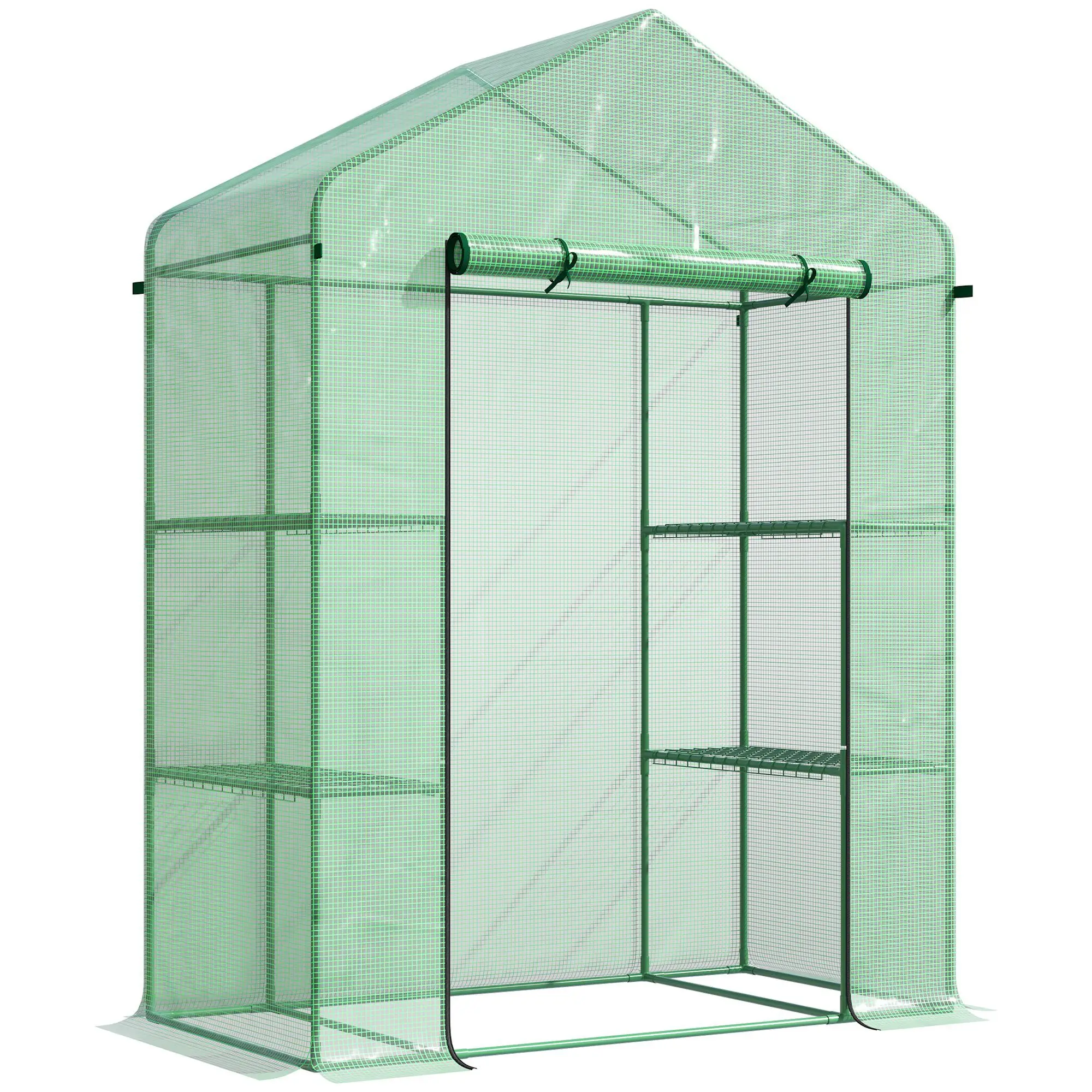 Walk-in Greenhouse 56X29X77 Inches with 4 Shelves Roll-Up Door Weatherized Cover Green