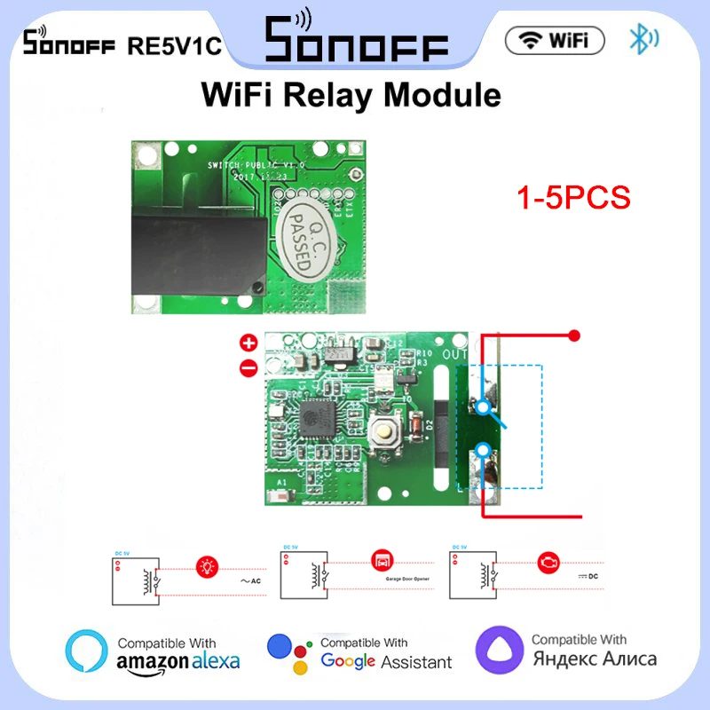 1-5PCS SONOFF Relay Module RE5V1C Wifi Smart Switch 5V DC Wireless Switch Inching/Selflock Working Modes APP/Voice/LAN Control