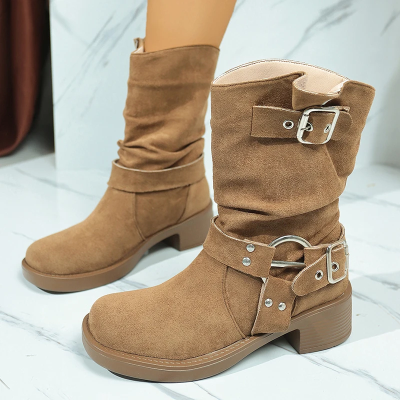 Fashion Metal Decor Mid Calf Boots for Women Khaki Faux Suede Chunky Heel Combat Booties Woman Autumn Winter Slip On Botas Mujer