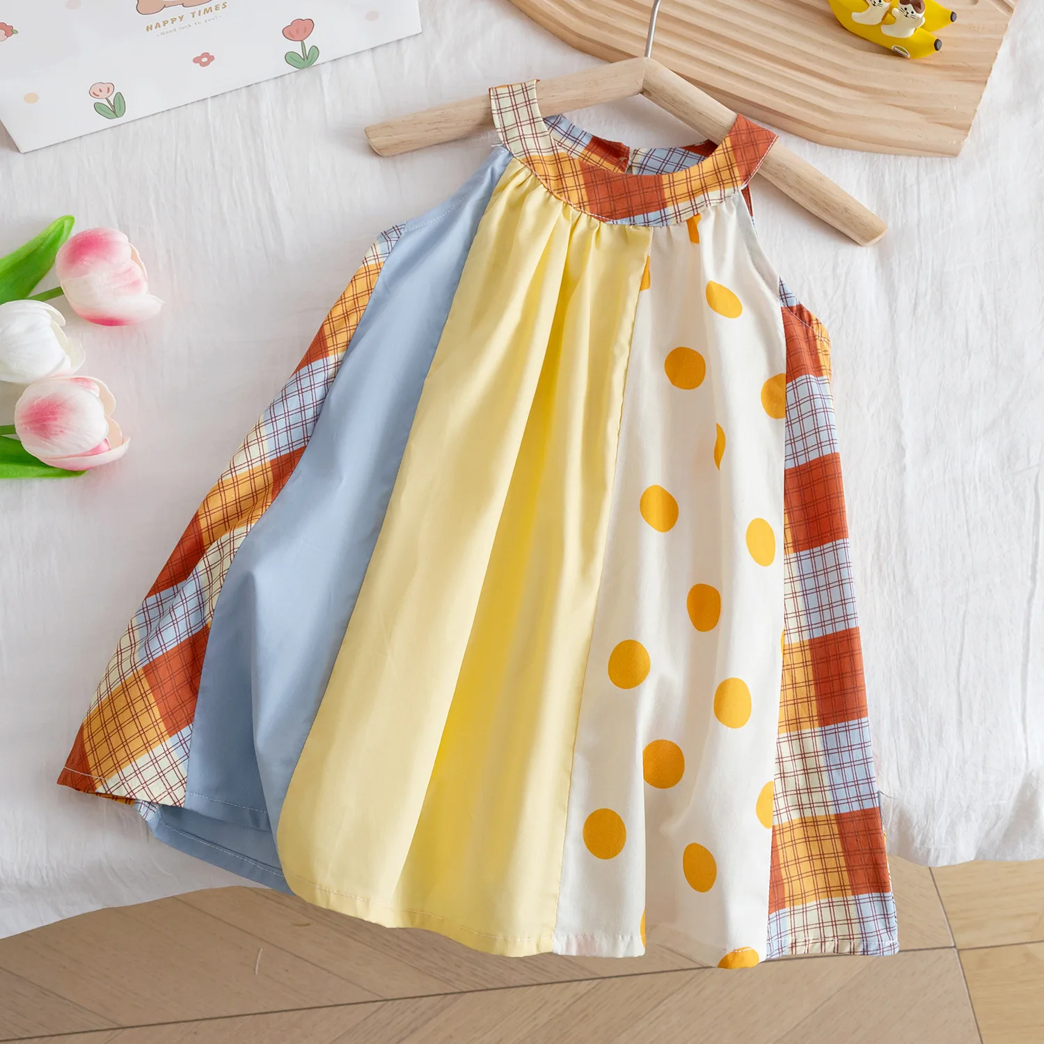 Summer children's clothing girls' dress color matching neck new plaid wave dot A-shaped skirt for children