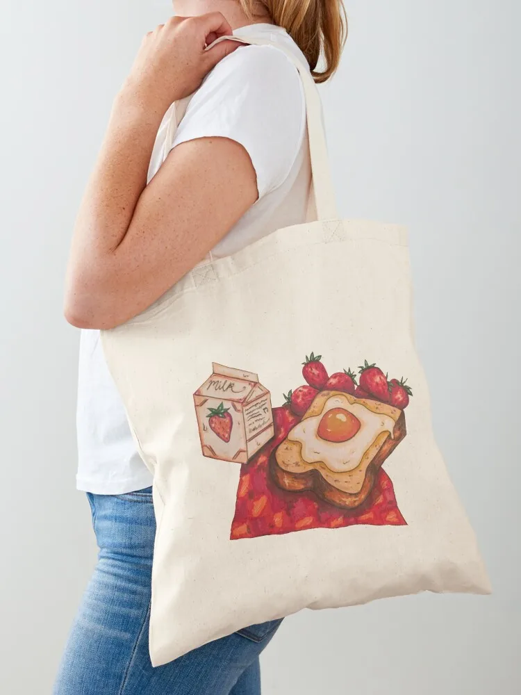 

Egg Toast, Milk, and Strawberries Tote Bag canvas tote hand bag bags luxury women Handbags women