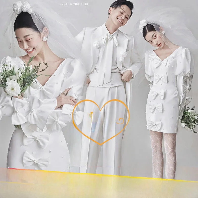2024 New  Wedding Dress Photography Studio Theme Long Sleeve Short Skirt One Step Couple Portrait Shooting Dress