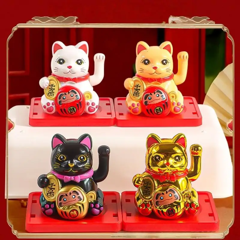 New 1Pcs Waving Wealth Good Fortune Awaits Solar-Powered Ornaments For Home And Office Lucky Beckoning Cat Solar Powered