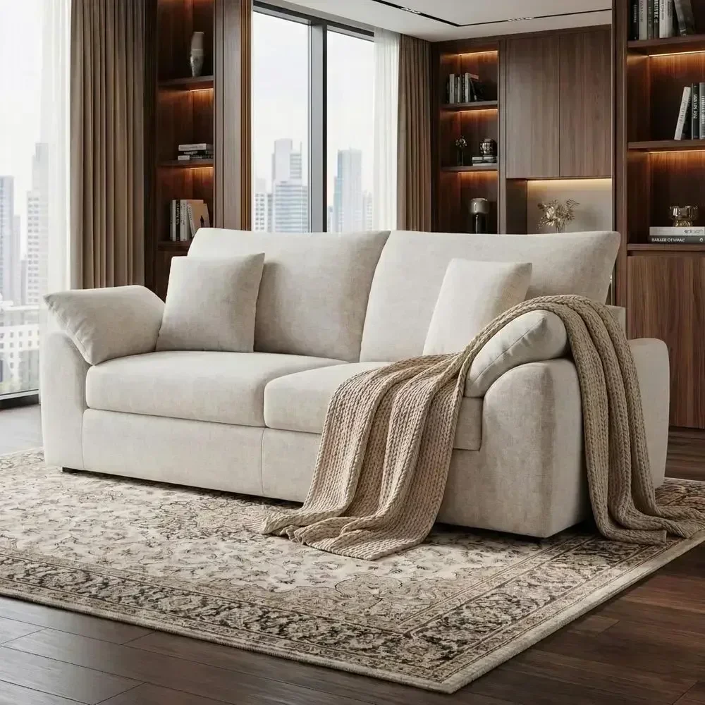 89.8 Loveseat Sofa for Living Room, Cloud Bounce Cushion, 4 Pillows, Century Style, Space-Saving, No Assembly, Beige