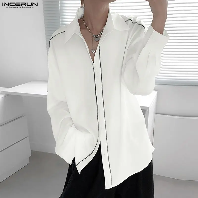 

INCERUN Мужская рубашка в стиле пэчворк с цветными блоками и лацканами с длинным рукавом Мужская одежда Уличная одежда Свободные модные топы Мужские рубашки в корейском стиле