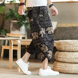 2024 hombres Harajuku verano suelto hasta la pantorrilla pantalones casuales hombres pierna ancha impresión pantalones holgados pantalones de playa de gran tamaño para hombres