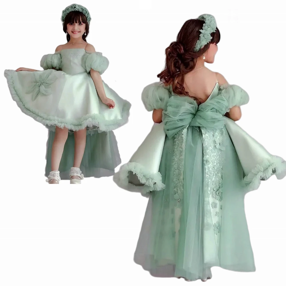 Lovely Baby Sage Green Flower Girl Dress Assymetrical Detachable Trailing Princess for Wedding Birthday Party Kids Birthday Gift