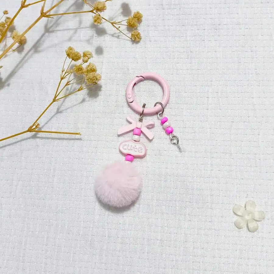 

Pink Pom Pom Beaded Keychain With Bow And Cute Charm For Bag Phone Car