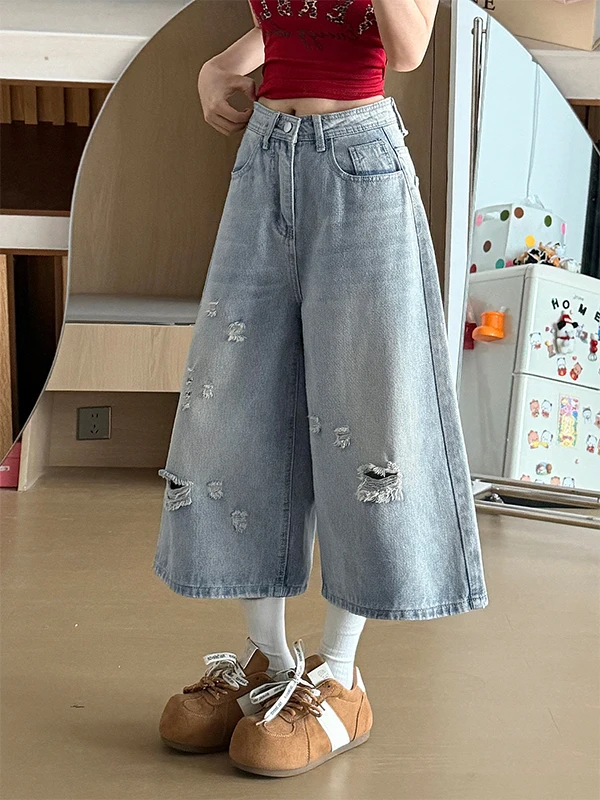 Light Wash Ripped Denim High Waist Wide Leg Pants Women's Summer New plus Size Loose Slimming for Pear Shaped Body Casual Jeans