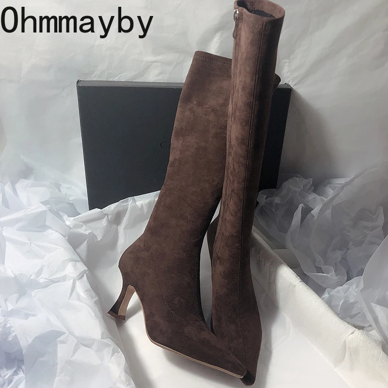 Women Stretch Modern Long Boots Fashion Pointed Toe Knee High Booties Designer High Heels Shoes