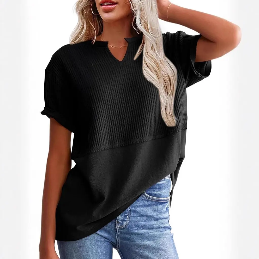 

Women's V-Neck Pullover Slim Fit Shirt Short Sleeve Stitching Top for Trade European And American Styles