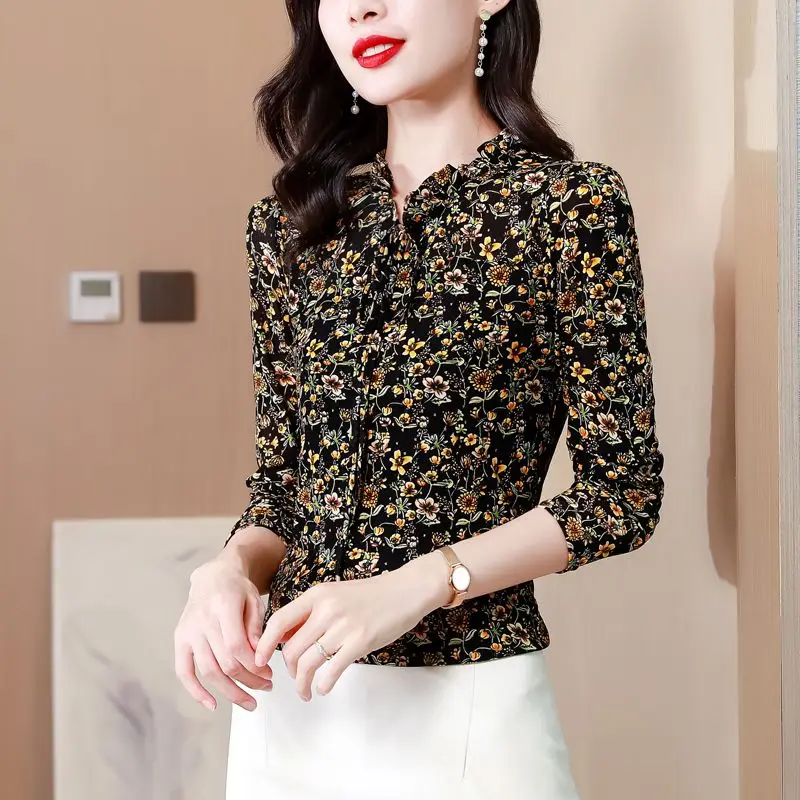 Women's Autumn and Winter New Fashion Elegant Standing Neck Pullover Print Lace Up Casual Versatile Long Sleeve Loose Shirt Tops