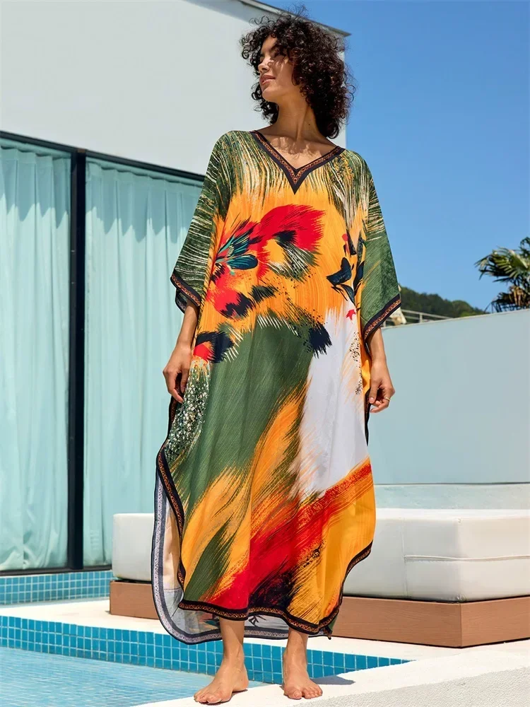 Boho Printed Plus Size caftano 2024 donna scollo a v manica a pipistrello abito allentato Summer Vacation Beach Maxi Dress costumi da bagno Cover Up Q1690