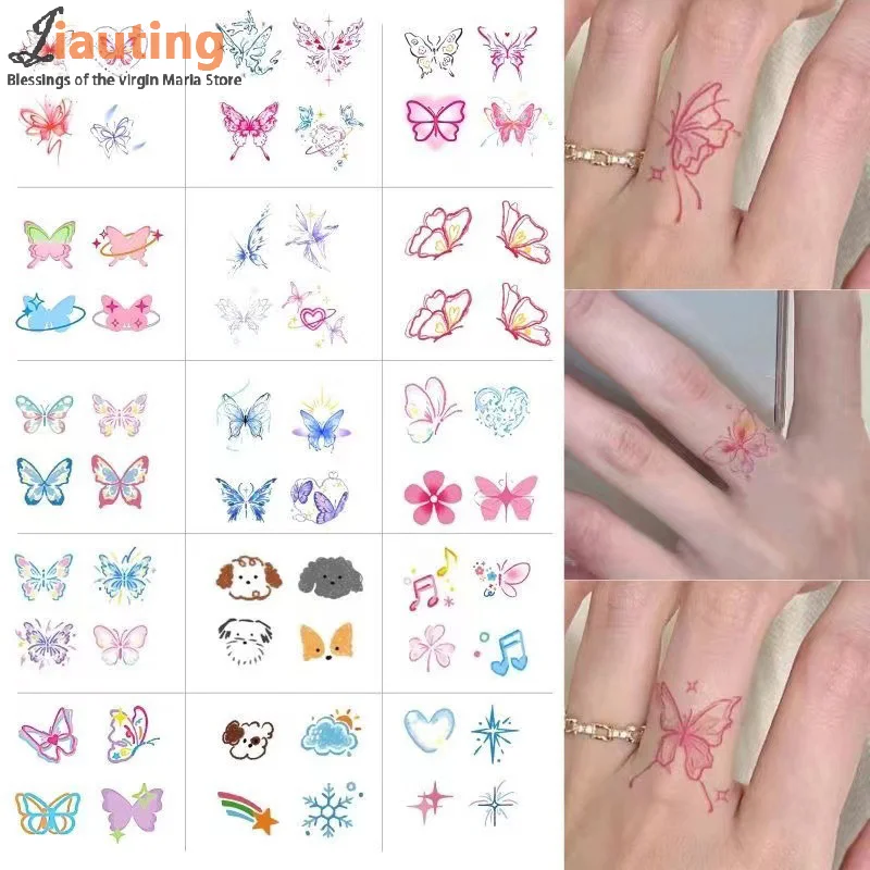 15 folhas glitter sonhador borboleta à prova dwaterproof água tatuagem temporária de longa duração à prova dwaterproof água realista tatuagem falsa dedo adesivos