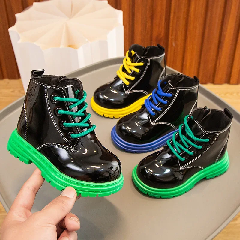 Fashion Patent Leather Kids Boots Soft Bottom Versatile Black Ankle Boot Lace Up Zipper Girls British Boy Kids Shiny Short Boots