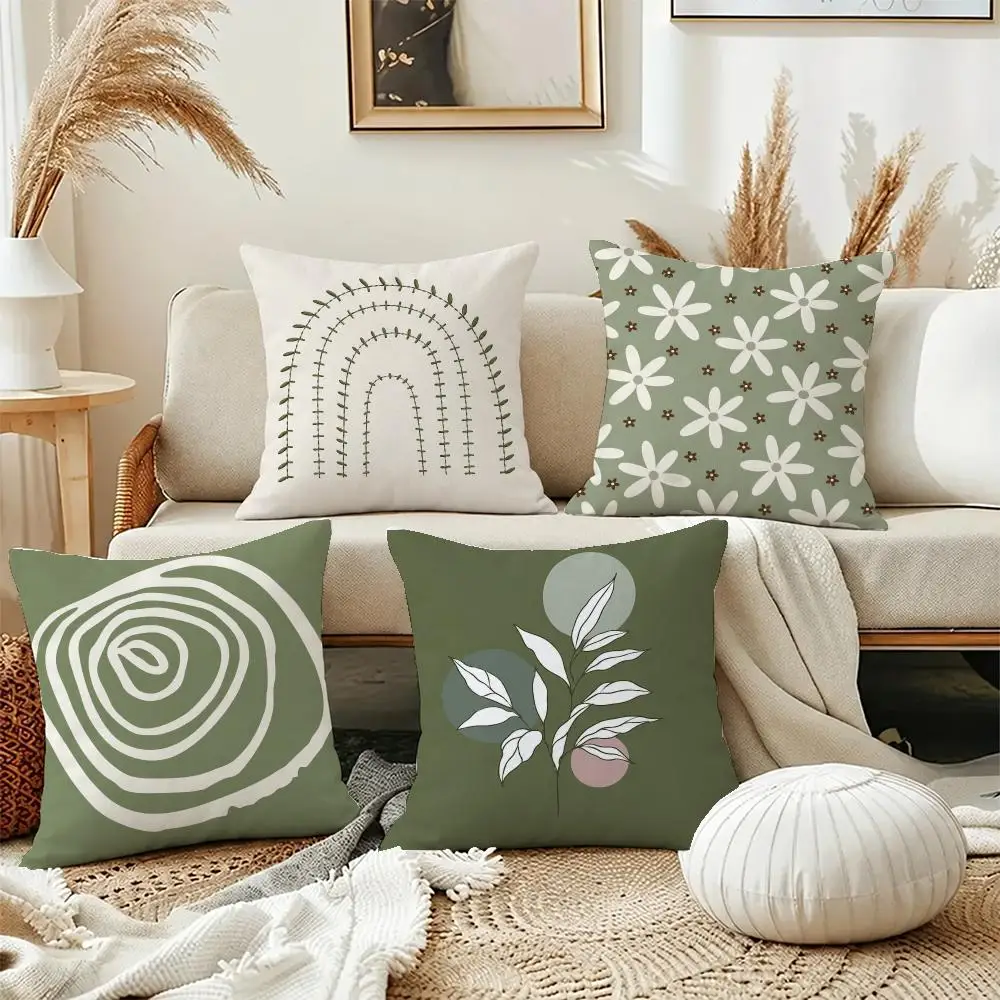 Cute Art Olive Green Plant Cushion Cover Short Plush Pillowcase, Washable Wrinkle Resistant Cover for Bedroom Gift