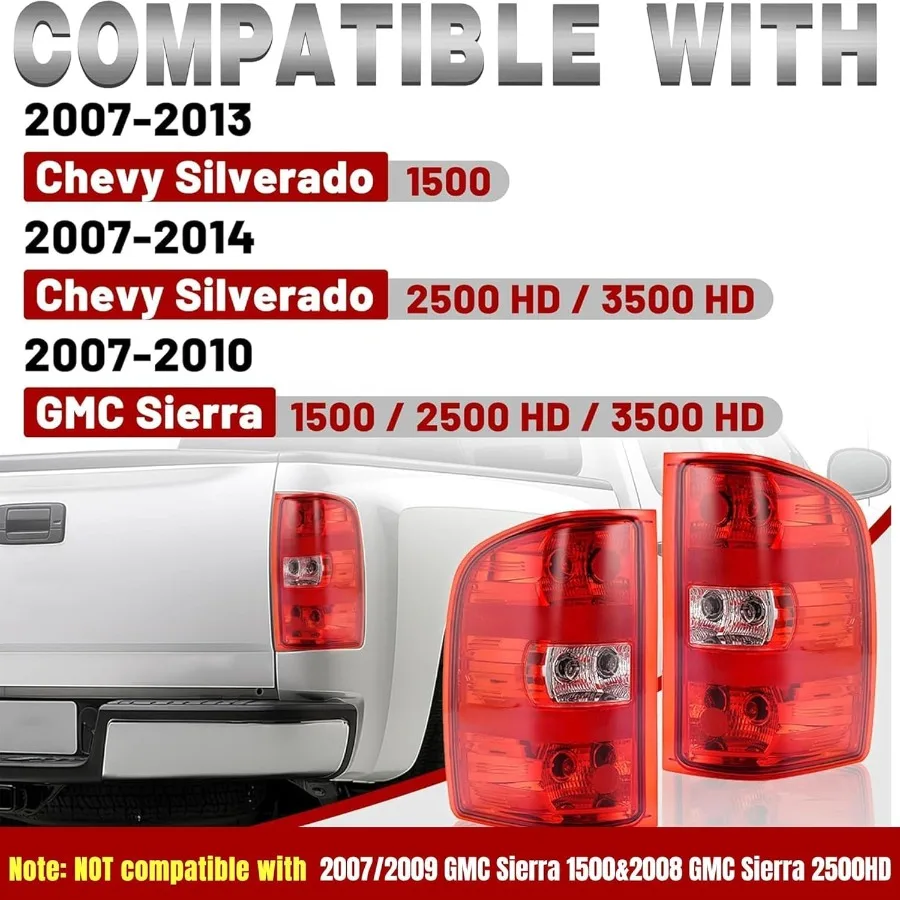 Pair Tail Light w Bulbs Compatible with 20072013 Chevy Chevrolet Silverado 1500 and 20072009 GMC Sierra 3500 HD Halogen Brake L