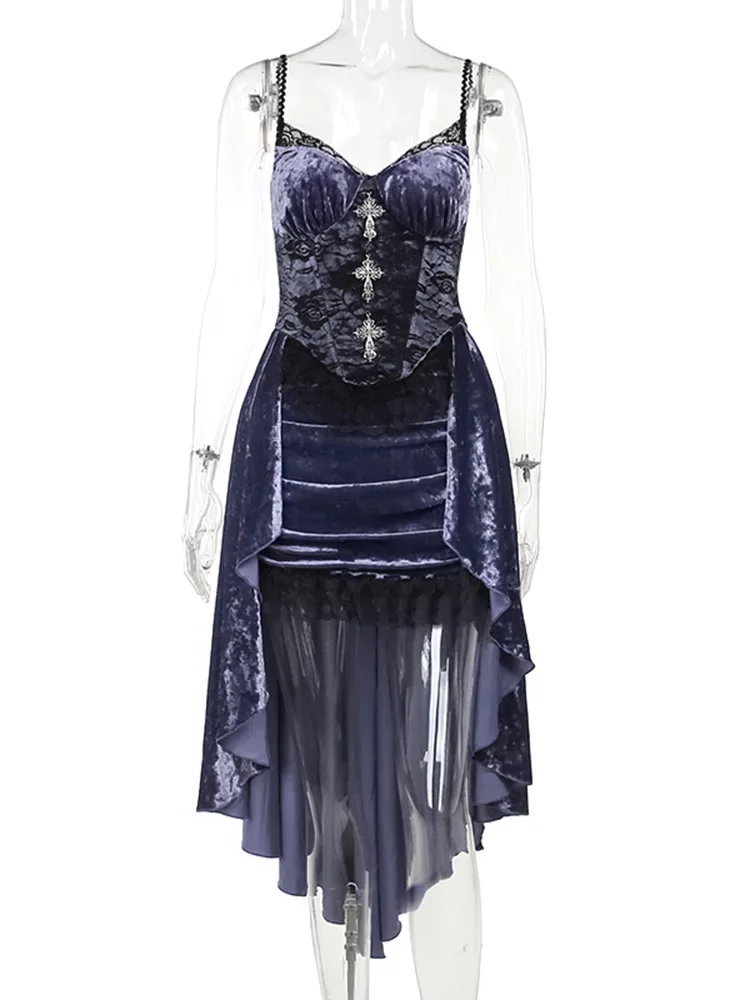 Steampunk Gothic High Low Dress for Women Vintage Floral Lace Dress Spaghetti Strap Lolita Dress Lace Up Corset Dresses