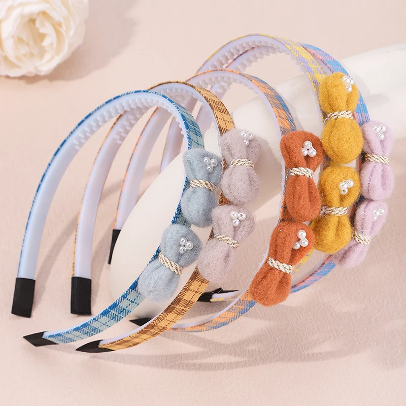 

1/5Pcs Cute Two Pearls Ribbon Plaid Bangs Hair Bands 1cm Horizontal Teeth For Daily Commuting Dating Sports Parties