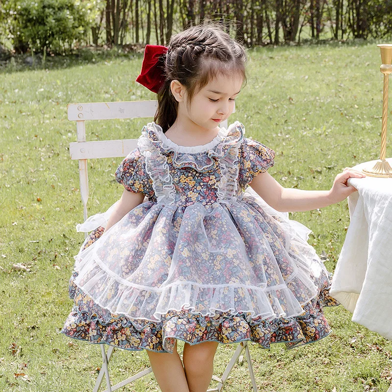 Children Lolita Dress Girls Floral Short-sleeved Fluffy Dress Princess Style Sweet Summer Frocks Picnic Essential Clothing