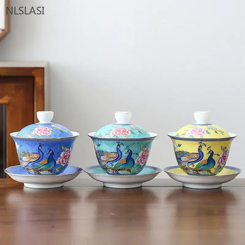 180ml Jingdezhen Ceramic Gaiwan Enamel Color with Cover Tea Cup Sancai Tea Bowl Chinese Porcelain Tea Set Household Tea Infuser