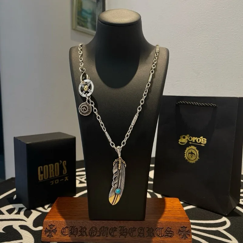 

Япония Takahashi Goros Indians Стиль Винтаж Бирюзовый Орел Коготь Перо Ожерелье Старый Ретро Тенденция Пара Универсальный