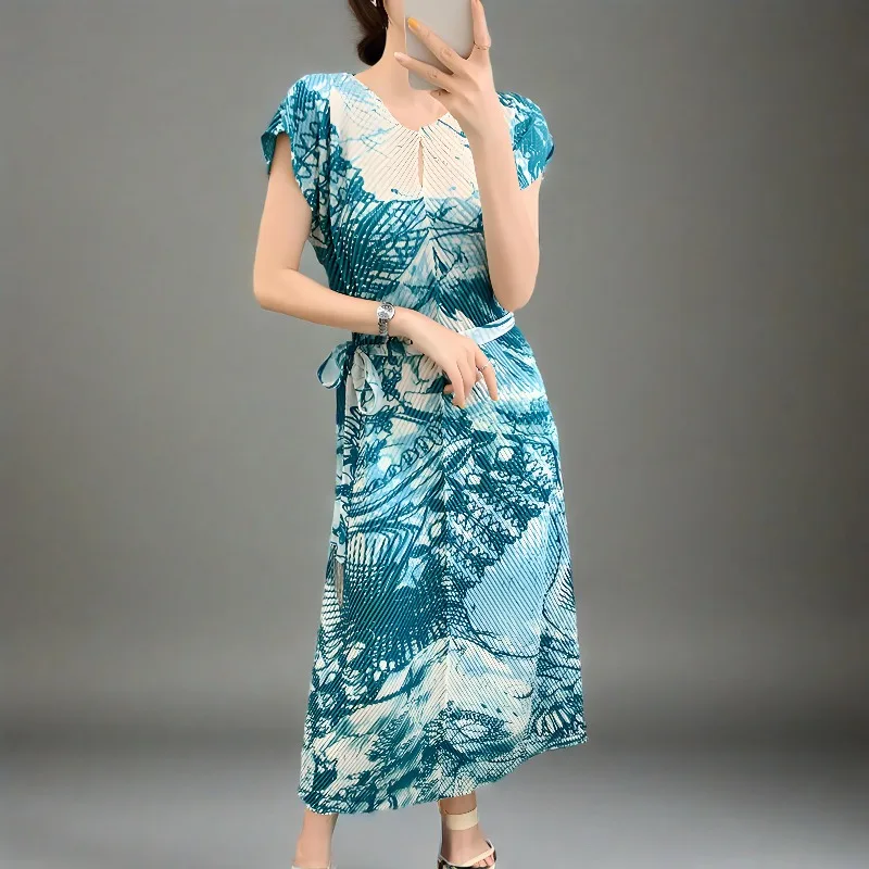 

Женское плиссированное платье с цветочным принтом Miyake, лето 2021, новая повседневная повседневная юбка со свободной талией, тонкая возрастная юбка, женская одежда